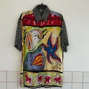 CASIEN Colorful Under The Sea Print Button Front Tunic Short Sleeves Sz. Small